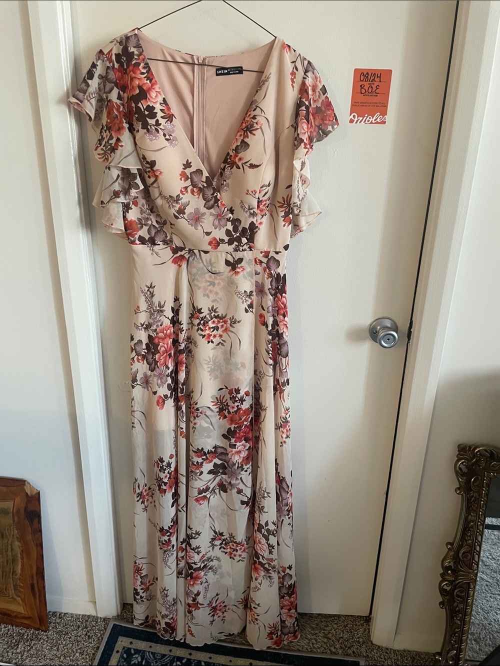 SHEIN Beige Floral V-Neck Maxi Dress with Red & Brown Blooms. Padded bust.